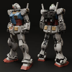 3d absurdres back blender_(medium) character_name commentary comparison dual_persona earth_federation emblem english_commentary english_text gradient_background gundam highres machinery mecha mecha_focus mjeff mobile_suit mobile_suit_gundam multiple_views no_humans realistic robot roundel rx-78-2 science_fiction shadow thrusters v-fin vernier_thrusters