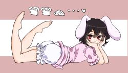 Rule 34 | 1girl, animal ears, bare legs, barefoot, black hair, bloomers, dress, floppy ears, gao wanwan, highres, inaba mob (touhou), inaba tewi, legs up, lying, on stomach, pink dress, rabbit ears, rabbit girl, rabbit tail, red eyes, short hair, smile, solo, tail, the pose, touhou, underwear, wavy hair