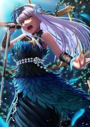 Rule 34 | 1girl, absurdres, alkham, bang dream!, black hairband, blue dress, brown eyes, dress, feather dress, feathers, floating hands, hairband, head tilt, highres, holding, holding microphone stand, huge filesize, long hair, microphone, microphone stand, minato yukina, music, open mouth, singing, sleeveless, sleeveless dress, solo, v-shaped eyebrows, wrist cuffs