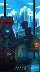 Rule 34 | 1girl, absurdres, arcade cabinet, backpack, bag, balloon, black shorts, blonde hair, blue hoodie, blue sky, boots, bottle, building, city, cityscape, cloud, commentary, controller, english commentary, english text, full body, gift, glowing, highres, hood, hoodie, indoors, joystick, mixed-language commentary, original, pac-man (game), pasoputi, profile, puffy sleeves, short hair, shorts, sidelocks, sitting, sky, skyscraper, solo, tongue, tongue out, translated, watch, wristwatch