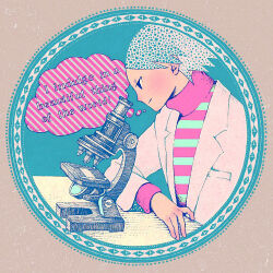 Rule 34 | 1boy, aqua background, blush, circle, coat, copyright request, english text, microscope, patterned hair, profile, ruhanalove, shirt, smile, solo, striped clothes, striped shirt, thought bubble, white coat