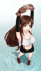 Rule 34 | 1990s (style), 1girl, armpits, arms up, au, boots, breasts, brown eyes, brown hair, cleavage, elbow gloves, female focus, final fantasy, final fantasy vii, fingerless gloves, gloves, highres, ka yan, long hair, low-tied long hair, midriff, miniskirt, navel, open mouth, pencil skirt, retro artstyle, shirt, skirt, solo, stretching, suspender skirt, suspenders, tank top, taut clothes, taut shirt, tifa lockhart