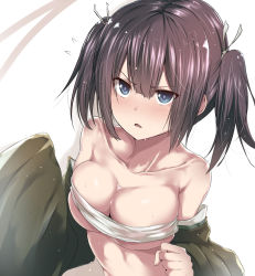 Rule 34 | 10s, 1girl, blue eyes, breasts, brown hair, bust cup, cleavage, collarbone, d:, d:&lt;, detached sleeves, eyebrows, flying sweatdrops, hair ribbon, japanese clothes, kantai collection, large breasts, long hair, no shirt, open mouth, ribbon, sarashi, solo, souryuu (kancolle), tai (nazutai), twintails, underboob, v-shaped eyebrows, wet, wet hair
