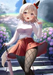 Rule 34 | 1girl, alternate costume, animal ears, belt, black pantyhose, blue sky, blush, bow, breasts, cloud, cloudy sky, commentary request, cowboy shot, curren chan (umamusume), ear bow, ear covers, feet out of frame, fishnet pantyhose, fishnets, flower, grey hair, hair between eyes, hedge, highres, holding, holding umbrella, horse ears, hydrangea, medium breasts, open mouth, outdoors, pantyhose, pointing, pointing up, purple eyes, purple umbrella, rainbow, red belt, red bow, red skirt, short hair, skirt, sky, smile, solo, stairs, sweater, umamusume, umbrella, wanderlucia, white sweater