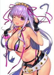 Rule 34 | 1girl, ;d, armpits, bare arms, bare shoulders, bb (fate), bb (fate) (all), bb (swimsuit mooncancer) (fate), bb (swimsuit mooncancer) (second ascension) (fate), bead bracelet, beads, belt, belt buckle, belt skirt, bikini, bikini bottom only, black choker, black gloves, black shorts, blush, bracelet, breasts, buckle, choker, cleavage, collarbone, commentary request, cowboy shot, fate/grand order, fate (series), fingerless gloves, floating hair, garter straps, gloves, hair between eyes, hair ribbon, halterneck, hands up, index finger raised, jewelry, large breasts, leaning forward, long hair, looking at viewer, micro shorts, navel, nayuta (una), one eye closed, open fly, open mouth, pink bikini, pink eyes, pink ribbon, purple bikini, purple hair, ribbon, short shorts, shorts, sidelocks, simple background, smile, solo, standing, star (symbol), star choker, stomach, string bikini, swimsuit, tan, tanline, teeth, upper teeth only, very long hair, white background, white belt
