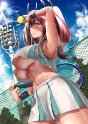 Rule 34 | 1girl, arm up, armpits, azur lane, ball, bare shoulders, blue sky, blush, breasts, bremerton (azur lane), bremerton (scorching-hot training) (azur lane), chain-link fence, cloud, collared shirt, commentary request, cowboy shot, crop top, crop top overhang, day, fence, from below, green skirt, grey hair, groin, hair between eyes, hair intakes, hair ornament, hairclip, heavy breathing, highres, holding, holding ball, holding racket, jaga stick, large breasts, lens flare, lights, long hair, looking to the side, midriff, multicolored hair, navel, navel piercing, outdoors, parted lips, piercing, pink eyes, pink hair, racket, shadow, shirt, sidelocks, skirt, sky, sleeveless, sleeveless shirt, smile, solo, sportswear, standing, streaked hair, sun, sunlight, sweat, tennis ball, tennis court, tennis racket, tennis uniform, tree, twintails, two-tone hair, two-tone shirt, two-tone skirt, underboob, white shirt, white skirt, wristband, x hair ornament