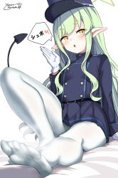 Rule 34 | 1girl, belt, black belt, black hat, black jacket, black skirt, black tail, blue archive, blush, buttons, demon tail, double-breasted, green hair, green halo, halo, hat, highlander sidelocks conductor (blue archive), himura moritaka, jacket, long hair, long sleeves, open mouth, pantyhose, peaked cap, pleated skirt, pointy ears, sidelocks, signature, simple background, skirt, solo, tail, white background, white pantyhose, yellow eyes
