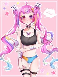 Rule 34 | 1girl, absurdres, ahoge, bandages, bandaid, bandaid on face, belly, blush, blush stickers, bra, breasts, commission, ears, hair ornament, heterochromia, highres, idol corp, looking at viewer, multicolored hair, navel, open mouth, panties, pink eyes, pink hair, purple eyes, ribbon, riro ron, small breasts, speech bubble, star (symbol), thighs, twintails, underwear, underwear only, virtual youtuber, wings