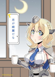 Rule 34 | 1girl, black gloves, blonde hair, blouse, blue eyes, blue necktie, braid, breasts, capelet, colorado (kancolle), commentary request, crescent moon, cup, dress, elbow gloves, garrison cap, gloves, grey dress, grey hat, hat, headgear, highres, kanade (kanadeya), kantai collection, large breasts, looking at viewer, moon, mug, necktie, pleated dress, shirt, short hair, side braid, side braids, sideboob, single braid, sleeveless, solo, translation request, twitter username, upper body, white shirt, window