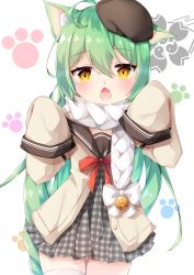 Rule 34 | 1girl, :o, ahoge, akashi (azur lane), akashi (welcome to azurcon!) (azur lane), animal ear fluff, animal ears, azur lane, bell, beret, black sailor collar, blush, brown cardigan, cardigan, cat ears, cowboy shot, dress, fang, green hair, grey dress, hair between eyes, hands up, hat, highres, jingle bell, long hair, long sleeves, looking at viewer, mole, mole under eye, open cardigan, open clothes, open mouth, plaid, red ribbon, ribbon, sailor collar, scarf, school uniform, sleeves past fingers, sleeves past wrists, solo, standing, thighhighs, tilted headwear, umou (may65879), very long hair, white scarf, white thighhighs, yellow eyes, zettai ryouiki