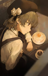 Rule 34 | 1girl, beret, black hat, brown eyes, brown hair, coffee, coffee cup, collared shirt, cup, disposable cup, egg (food), flower, food, fried egg, from above, hat, hatoba tsugu, head on table, head rest, highres, modare, rose, shirt, skirt, solo, spoon, suspender skirt, suspenders, virtual youtuber, white flower, white rose, white shirt