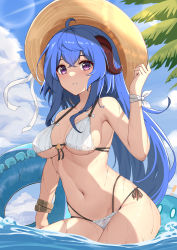 Rule 34 | 1girl, absurdres, ahoge, bare arms, bare shoulders, bikini, blue hair, blue sky, breasts, cloud, commentary, day, ganyu (genshin impact), genshin impact, grin, hair between eyes, hat, highres, horns, innertube, l.tea, large breasts, long hair, looking at viewer, navel, outdoors, parted lips, purple eyes, ribbon, sky, slime (genshin impact), smile, solo, stomach, sun hat, swim ring, swimsuit, thighs, very long hair, water, white bikini, white ribbon, wrist ribbon