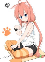 Rule 34 | 1girl, absurdres, ahoge, animal ear fluff, animal ears, bad id, bad pixiv id, bare arms, bare shoulders, bike shorts, black choker, black shorts, blue eyes, cat ears, choker, commentary request, controller, crossed legs, game controller, hair between eyes, hair bobbles, hair ornament, highres, hinata channel, kirikan (cokekiri), long hair, looking at viewer, low twintails, nekomiya hinata, no shoes, orange thighhighs, parted lips, paw print, paw print background, pink hair, revision, short shorts, shorts, sitting, solo, squiggle, striped clothes, striped thighhighs, sweat, tank top, thighhighs, twintails, very long hair, virtual youtuber, white background, white tank top