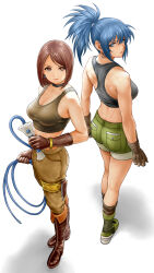 Rule 34 | 2girls, ass, back, back-to-back, bangle, black choker, black shirt, blue eyes, blue hair, bob cut, boots, bracelet, breasts, brown eyes, brown footwear, brown gloves, brown hair, brown pants, choker, cleavage, crop top, earrings, from above, full body, gloves, green shorts, halterneck, highres, holding, holding whip, holster, jewelry, knee boots, large breasts, leona heidern, long hair, looking at viewer, looking back, medium breasts, midriff, multiple girls, muscular, muscular female, pants, parted bangs, ponytail, shirt, short hair, shorts, simple background, sleeveless, sleeveless shirt, standing, the king of fighters, thigh holster, whip, whip (kof), white background, x chitch
