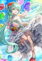 Rule 34 | 1girl, :d, ahoge, balloon, bare shoulders, blue sky, bouquet, breasts, character request, cloud, commentary request, day, dress, flower, fujima takuya, gloves, green eyes, green hair, grey footwear, hair flower, hair ornament, holding, holding bouquet, long hair, looking at viewer, official art, open mouth, outdoors, outstretched arm, pink flower, pink rose, purple flower, purple rose, red flower, red rose, rose, shoes, sky, sleeveless, sleeveless dress, small breasts, smile, solo, standing, standing on one leg, very long hair, vividz, white dress, white flower, white gloves, white rose, yellow flower, yellow rose