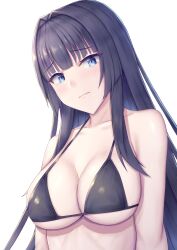 Rule 34 | 1girl, absurdres, bikini, black bikini, black hair, blue eyes, blush, breasts, cleavage, closed mouth, collarbone, commentary request, highres, large breasts, long hair, looking at viewer, ohguro mariya, original, simple background, solo, swimsuit, upper body, white background