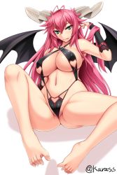 Rule 34 | 1girl, akitsuki karasu, antenna hair, armpit crease, armpits, bare legs, bare shoulders, barefoot, black wings, breasts, bridal gauntlets, closed mouth, clothing cutout, commentary request, copyright request, covered erect nipples, crossed bangs, demon girl, demon horns, demon wings, feet, green eyes, grey horns, groin, hair between eyes, hand in own hair, hand up, heart cutout, heart o-ring, highleg, hip focus, horns, large breasts, legs, long hair, long horns, looking at viewer, navel, phallic symbol, pink hair, print bridal gauntlets, revealing clothes, seductive smile, sexually suggestive, shadow, sideboob, smile, solo, strap gap, toes, tongue, tongue out, twitter username, underboob, wings