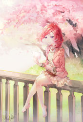 Rule 34 | 1girl, artist name, bag, bare legs, barefoot, birthday, blazer, cherry blossoms, dated, day, english text, full body, grass, handbag, happy birthday, highres, holding, jacket, jewelry, long sleeves, looking away, love live!, love live! school idol festival, love live! school idol project, necklace, nishikino maki, on railing, outdoors, parted lips, petals, purple eyes, railing, reading, red hair, short hair, signature, sitting, solo, teeth, tree, watch, wristwatch, yu chien (yuchien4221)