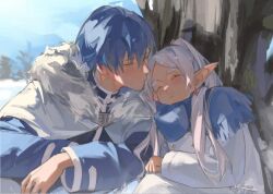 Rule 34 | 1boy, 1girl, blue hair, blue scarf, blue shirt, capelet, closed eyes, closed mouth, coat, commentary, day, earrings, elf, frieren, fur-trimmed capelet, fur trim, hetero, himmel (sousou no frieren), imminent kiss, jewelry, long hair, long sleeves, nagi reooo, outdoors, parted bangs, pointy ears, scarf, shirt, sitting, sleeping, sleeping upright, sousou no frieren, symbol-only commentary, tree, twintails, upper body, white capelet, white coat, white hair, winter clothes, winter coat