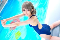 Rule 34 | 1girl, blue eyes, competition swimsuit, cosplay, cosplay photo, grey hair, highres, kneeling, looking at viewer, love live!, love live! sunshine!!, mi yan 0728, one-piece swimsuit, photo (medium), pool, short hair, smile, swimsuit, watanabe you