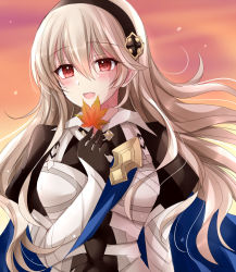 Rule 34 | 1girl, armor, armored dress, autumn, autumn leaves, black dress, black gloves, black hairband, blue cape, blush, breastplate, cape, commentary request, corrin (female) (fire emblem), corrin (fire emblem), dress, fire emblem, fire emblem fates, gloves, hair between eyes, hairband, holding, holding leaf, juliet sleeves, kirishima riona, leaf, long hair, long sleeves, looking away, nintendo, open mouth, orange sky, outdoors, pointy ears, puffy sleeves, red eyes, sidelocks, silver hair, sky, smile, solo, teeth, upper teeth only