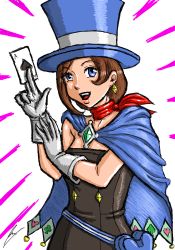 Rule 34 | 1girl, ace (playing card), ace attorney, ace of spades, belt pouch, blue eyes, borockman, brown hair, capcom, cape, card, earrings, gem, gloves, hat, heart, jewelry, magician, playing card, pouch, scarf, short hair, smile, solo, spade (shape), top hat, trucy wright