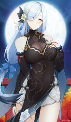 Rule 34 | 1girl, bare shoulders, black dress, blue eyes, blush, breasts, commentary, cowboy shot, detached sleeves, dress, genshin impact, hair ornament, hand on own chest, head tilt, highres, large breasts, long hair, looking at viewer, moon, night, night sky, official alternate costume, outdoors, shenhe (frostflower dew) (genshin impact), shenhe (genshin impact), sky, sleeveless, sleeveless dress, smile, solo, standing, thighlet, thighs, very long hair, white hair, xsan vanny