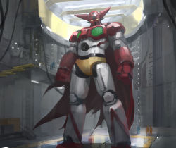 Rule 34 | 4others, absurdres, boridongja, cable, cape, clenched hands, getter-1, getter robo, getter robo (1st series), hangar, highres, looking down, mecha, multiple others, red cape, robot, science fiction, size difference, solo focus, super robot, torn, torn cape, torn clothes, yellow eyes