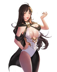 Rule 34 | 1girl, ahoge, arm behind back, asymmetrical clothes, backless dress, backless outfit, bad id, bad pixiv id, bare shoulders, black cape, black neckwear, breasts, brown hair, cape, chicle, choker, cleavage, clothing cutout, cowboy shot, dress, eyelashes, eyeliner, fingernails, half-closed eyes, hand up, large breasts, lipstick, long fingernails, long hair, makeup, nose, original, parted lips, pink lips, shiny skin, shoulder cutout, simple background, single pantsleg, smile, solo, standing, white background, yellow eyes