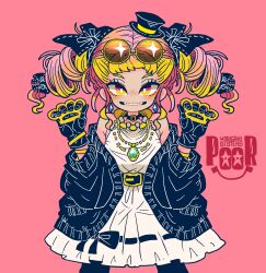 Rule 34 | 1girl, bare shoulders, belt, black collar, brass knuckles, collar, dress, drill hair, earrings, english text, eyelashes, fangs, gloves, hat, highres, jacket, jewelry, mini hat, mini top hat, necklace, pink background, ribbon, simple background, smile, solo, sunglasses, top hat, touhou, weapon, yorigami jo&#039;on, yt (wai-tei)
