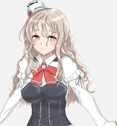 Rule 34 | 1girl, absurdres, bodice, bow, bowtie, breasts, brown eyes, commentary request, grey background, grey hair, hat, highres, kantai collection, large breasts, looking at viewer, mini hat, nitamako (sakamalh), pola (kancolle), shirt, solo, thick eyebrows, tilted headwear, upper body, wavy hair, white hat, white shirt