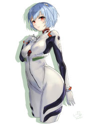 Rule 34 | 1girl, 2014, arm behind back, ayanami rei, blue hair, blush, bodysuit, bracer, breasts, cowboy shot, dated, expressionless, from side, gloves, hand on own chest, headgear, interface headset, looking at viewer, neon genesis evangelion, pilot suit, pisuke, plugsuit, red eyes, shadow, short hair, signature, simple background, small breasts, solo, turtleneck, white background
