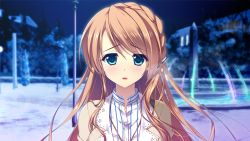 Rule 34 | 1girl, ameto yuki, blush, braid, brown hair, fountain, game cg, green eyes, looking at viewer, makihara shiho (pure x connect), night, pure x connect, sad, sky, solo, standing, tree, upper body, water