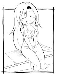 Rule 34 | 1girl, bikini, closed eyes, commentary request, covered erect nipples, dripping, framed, goshiki agiri, greyscale, kill me baby, long hair, monochrome, open mouth, outside border, pool, poolside, simple background, sitting, smile, soaking feet, solo, swimsuit, water, wet, white background, zubatto (makoto)