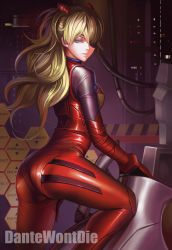 Rule 34 | 1girl, alternate hair color, artist name, ass, blonde hair, blue eyes, bodysuit, bracer, cable, cowboy shot, dantewontdie, duct tape, english text, entry plug, expressionless, eyepatch, from side, gainax, gloves, hair ornament, half-closed eyes, hexagon, honeycomb pattern, long hair, looking back, looking to the side, neon genesis evangelion, parted lips, pilot suit, plugsuit, rebuild of evangelion, shiny clothes, solo, souryuu asuka langley, thighs, turtleneck, underwear, wavy hair