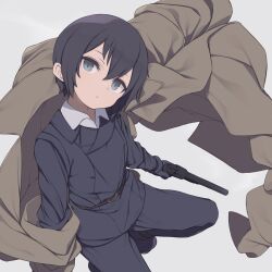 Rule 34 | 1girl, belt, black hair, blue eyes, buttons, coat, collared shirt, double-breasted, expressionless, female focus, formal, gamuo, gloves, gun, handgun, head tilt, holding, holding gun, holding weapon, kino (kino no tabi), kino no tabi, looking at viewer, reverse trap, shirt, short hair, simple background, solo, trench coat, unworn coat, weapon, white background