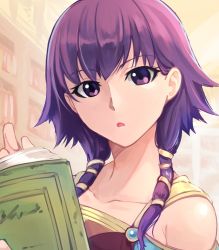 Rule 34 | 1girl, bare shoulders, blush, dress, fire emblem, fire emblem: the sacred stones, fire emblem heroes, highres, jewelry, looking at viewer, lute (fire emblem), nakabayashi zun, nintendo, purple eyes, purple hair, solo, twintails
