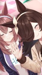 Rule 34 | 2girls, animal ears, blue jacket, blush, bow, brown hair, casual, closed eyes, closed mouth, commentary request, dress, ear ribbon, facing viewer, fingernails, hair between eyes, hair over one eye, hairband, hand up, highres, hood, hood down, hoodie, horse ears, horse girl, indoors, jacket, long hair, long sleeves, looking at viewer, merxkialis, mihono bourbon (umamusume), multiple girls, open clothes, open jacket, ribbon, rice shower (umamusume), smile, umamusume, upper body, white dress, white hairband, white hoodie, white ribbon