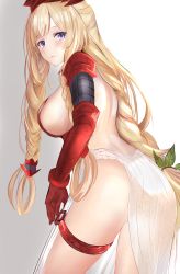 Rule 34 | 1girl, arched back, ass, athena (granblue fantasy), backless outfit, bare back, blonde hair, blush, braid, breasts, closed mouth, cowboy shot, efuri (riarea00), from behind, gauntlets, gloves, gradient background, granblue fantasy, grey background, hair ornament, half updo, highres, large breasts, leaf hair ornament, legs apart, long hair, looking at viewer, looking back, pelvic curtain, purple eyes, red gloves, sideboob, sidelocks, solo, standing, thigh strap, thighs, twin braids, very long hair, white background