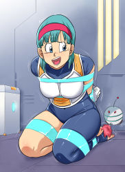 Rule 34 | 1girl, absurdres, arms behind back, bdsm, bondage, bound, bound ankles, bound arms, bound legs, bound wrists, breasts, bulma, dragon ball, dragonball z, hairband, highres, legs, lost one zero, medium breasts, saiyan armor, scouter, tape, tape bondage, thighs, tickling