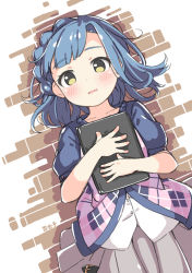 Rule 34 | 1girl, blue hair, blue sleeves, blush, braid, cardigan, cowboy shot, dot nose, embarrassed, from above, grey skirt, holding, holding tablet pc, idolmaster, idolmaster million live!, kuresuku (lessons), looking at viewer, lying, nanao yuriko, on floor, parted lips, pink cardigan, puffy short sleeves, puffy sleeves, shirt, short hair, short sleeves, simple background, skirt, solo, tablet pc, white shirt, yellow eyes