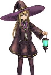 Rule 34 | 1girl, blonde hair, blue eyes, commentary request, cowboy shot, dot nose, hat, holding, holding lantern, lantern, large hat, long hair, looking at viewer, original, puffy sleeves, purple skirt, purple thighhighs, purple vest, simple background, skirt, smile, solo, thighhighs, vest, wasabi60, white background, witch hat