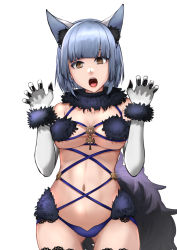 Rule 34 | + +, 1girl, animal ear fluff, animal ears, azur lane, bare shoulders, blue hair, blunt bangs, breasts, claw pose, cleavage, commentary request, cosplay, cowboy shot, cross, elbow gloves, expressionless, eyebrows hidden by hair, fake animal ears, fake tail, fangs, fate/grand order, fate (series), fur-trimmed gloves, fur collar, fur trim, gascogne (azur lane), gloves, gluteal fold, halloween costume, lace, lace-trimmed legwear, lace trim, looking at viewer, mash kyrielight, mash kyrielight (dangerous beast), mash kyrielight (dangerous beast) (cosplay), medium breasts, midriff, navel, o-ring, o-ring top, official alternate costume, open mouth, oregano (olgn eao), revealing clothes, short hair, sidelocks, simple background, solo, standing, tail, teeth, thighhighs, tongue, underboob, upper teeth only, white background, white gloves, wolf ears, wolf tail, yellow eyes