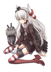 Rule 34 | 10s, 1girl, amatsukaze (kancolle), brown eyes, choker, dress, fame peera, garter straps, gloves, grey neckerchief, hair tubes, headgear, high heels, kantai collection, long hair, long sleeves, looking at viewer, machinery, neckerchief, red thighhighs, rensouhou-kun, sailor collar, sailor dress, silver hair, single glove, sitting, striped clothes, striped thighhighs, thighhighs, two side up, wariza, white background, white gloves