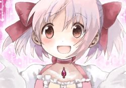 Rule 34 | 10s, 1girl, :d, bad drawr id, bad id, blush, bow, choker, drawr, gradient background, hair bow, kaname madoka, looking at viewer, mahou shoujo madoka magica, mahou shoujo madoka magica (anime), oekaki, open mouth, outstretched arms, pink hair, red bow, red eyes, riyuko3, smile, solo, striped, striped background, upper body
