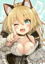 Rule 34 | 1girl, :3, :d, acheru maru, ahoge, animal ears, black corset, blush, breasts, cat ears, cleavage, commentary request, corset, detached sleeves, dress, fang, frilled sleeves, frills, hair between eyes, highres, large breasts, long hair, looking at viewer, musical note, official alternate costume, one eye closed, open mouth, ragnarok online, sleeveless, sleeveless dress, smile, solo, twitter username, upper body, wanderer (ragnarok online), white sleeves