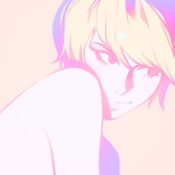 Rule 34 | 1girl, bad id, bad tumblr id, blonde hair, closed mouth, commentary request, ilya kuvshinov, looking to the side, nude, original, pink background, short hair, simple background, smile, solo, upper body