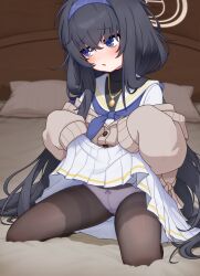 Rule 34 | 1girl, absurdres, bags under eyes, black hair, blue archive, blush, bow, bow panties, cardigan, clothes lift, embarrassed, hair between eyes, hairband, halo, highres, lifted by self, long hair, long sleeves, looking to the side, nose blush, on bed, panties, panties under pantyhose, pantyhose, parted lips, purple eyes, purple hairband, sailor collar, school uniform, skirt, skirt lift, sleeves past fingers, sleeves past wrists, solo, sy (isy5100), thighband pantyhose, ui (blue archive), underwear, white panties
