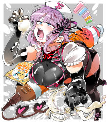 Rule 34 | 1girl, alternate costume, ass, black gloves, black thighhighs, blue eyes, boots, breasts, chips (food), chocolate, condom, cream, cross, dagashi kashi, eating, elbow gloves, food, frilled shirt collar, frills, gloves, hair ribbon, hat, high heels, ice cream, ice cream egg, kafun, large breasts, latex, latex boots, latex gloves, lips, nurse, nurse cap, open mouth, purple hair, red cross, ribbon, sexually suggestive, shidare hotaru, short hair, short sleeves, skindentation, solo, thigh boots, thighhighs, tube