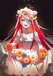 Rule 34 | 1girl, absurdres, bare shoulders, choker, colored skin, detached sleeves, diamond-shaped pupils, diamond (shape), dress, fangs, flower, grey skin, head wreath, heterochromia, highres, hololive, hololive indonesia, isal (lasi), kureiji ollie, long hair, looking at viewer, mismatched pupils, multicolored hair, multicolored skin, open mouth, patchwork skin, red hair, smile, solo, stitched face, stitches, symbol-shaped pupils, two-tone skin, virtual youtuber, wedding dress, white skin, x-shaped pupils, zombie